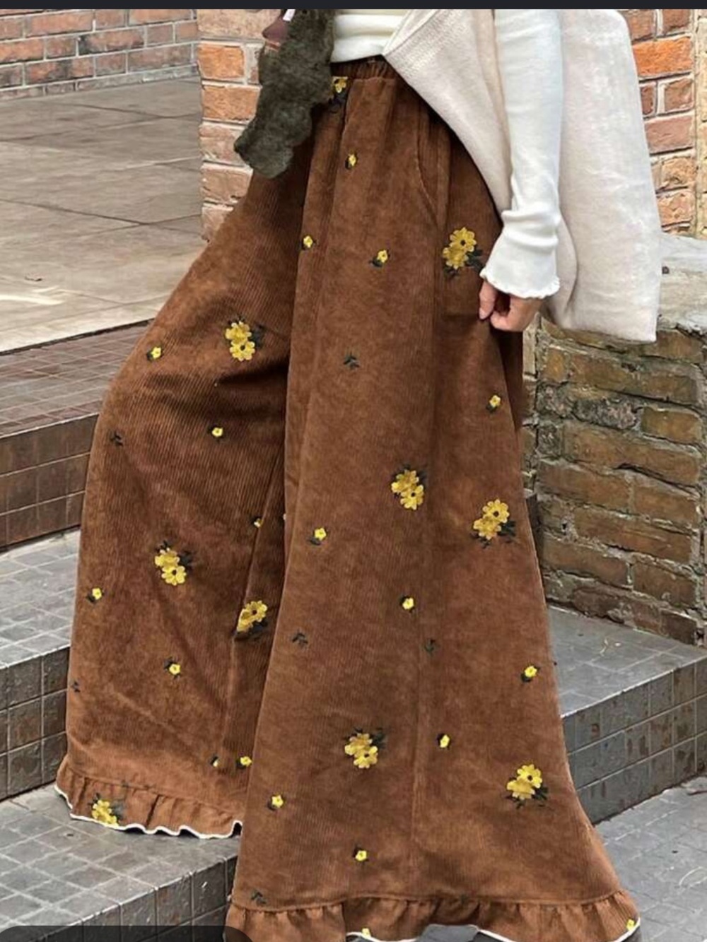 Wide leg corduroy embroidered pants